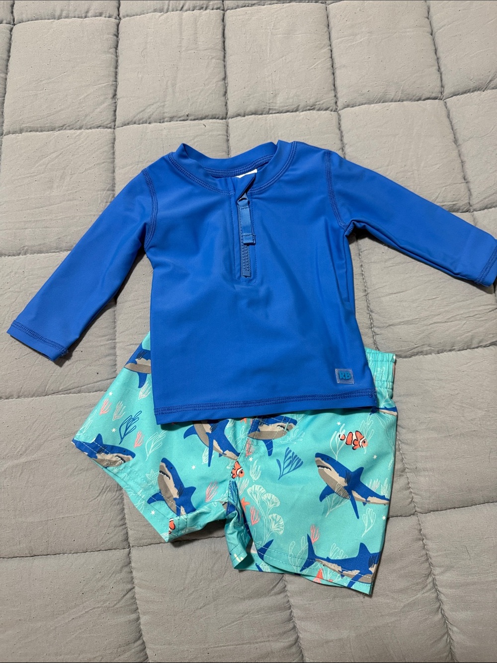 Ruffle Butts Royal Blue Rash Guard with Aqua Shark-Print Shorts NWOT